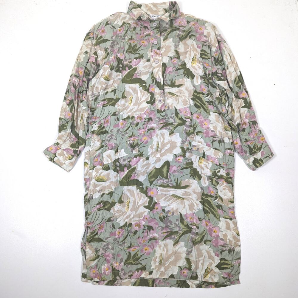 Vintage S. Roberts Dress Women's Size Large Green Floral Button Down